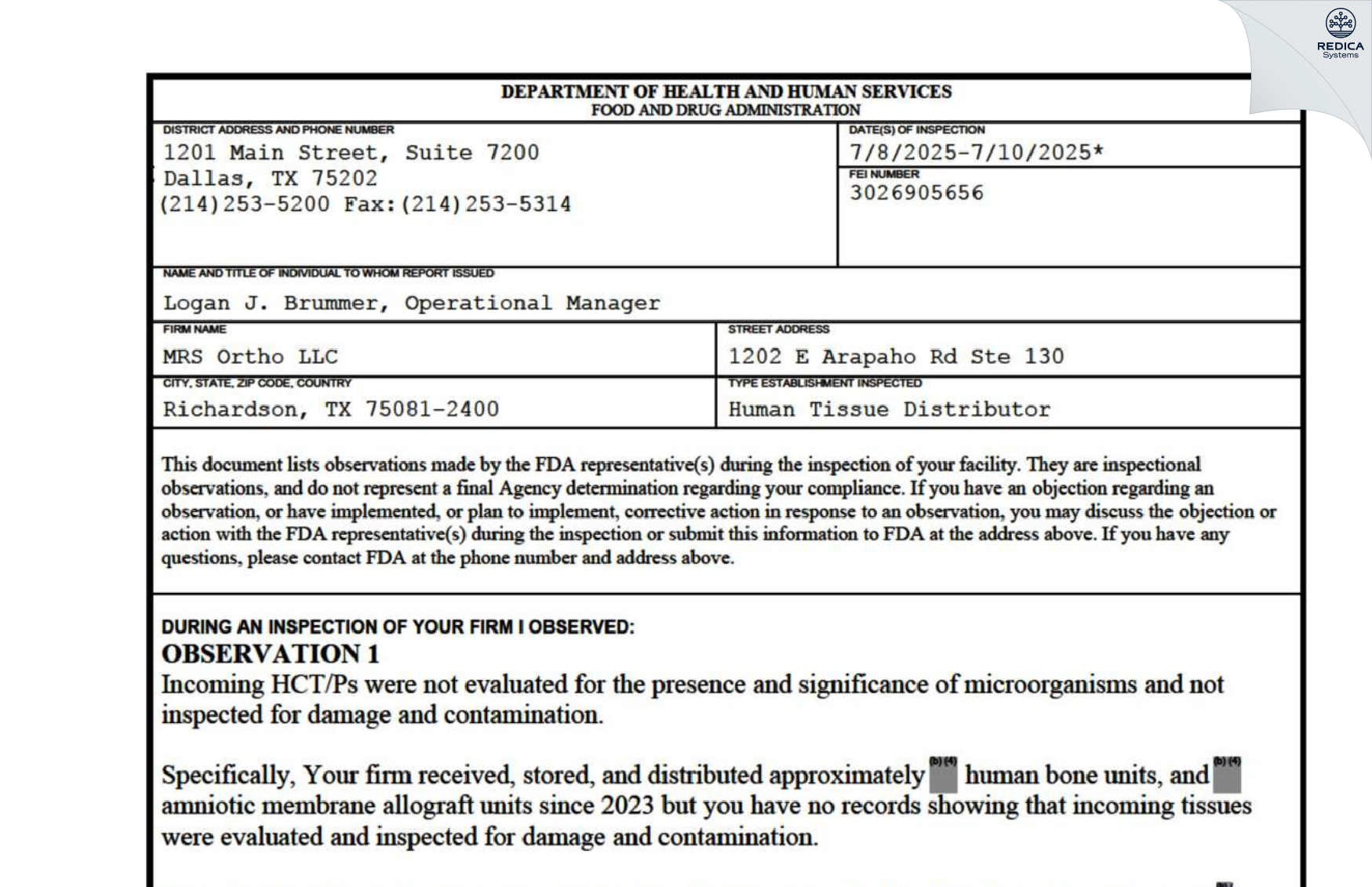 FDA 483 - MRS Ortho LLC [Richardson / United States of America] - Download PDF - Redica Systems