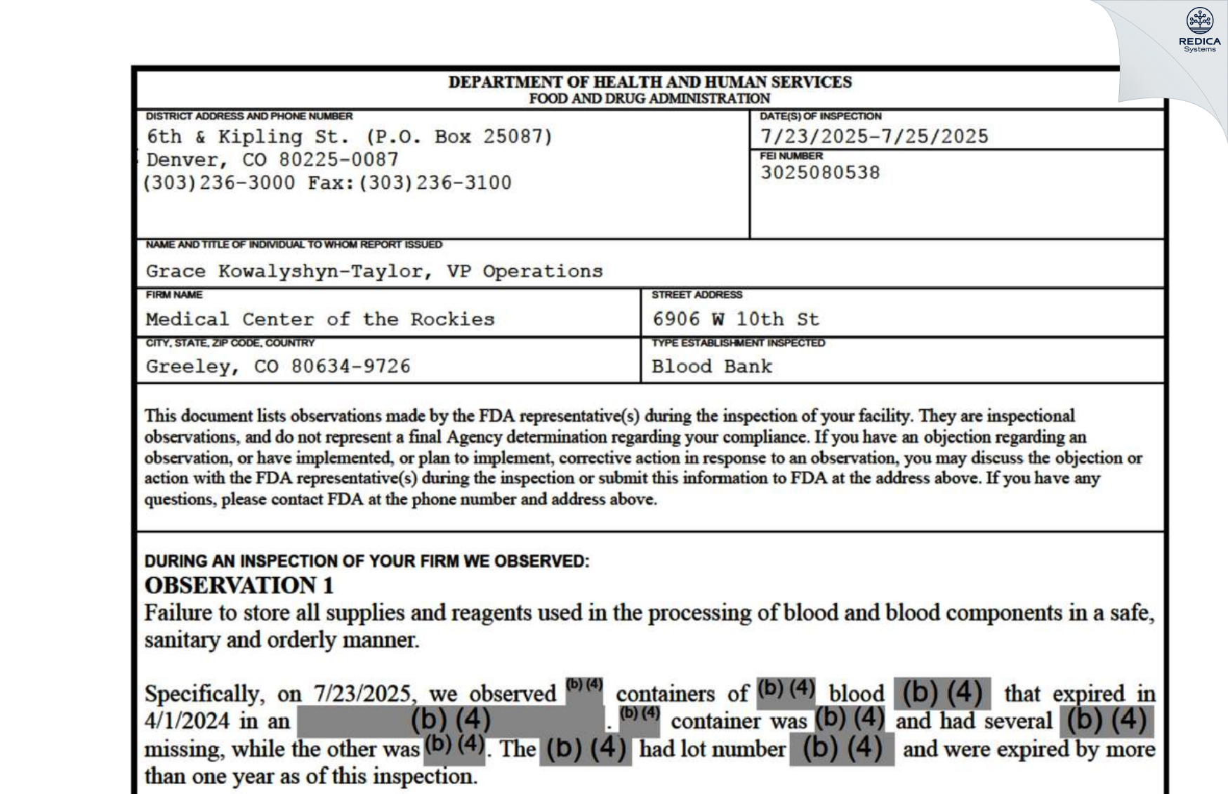 FDA 483 - Medical Center of the Rockies
 [Greeley / United States of America] - Download PDF - Redica Systems