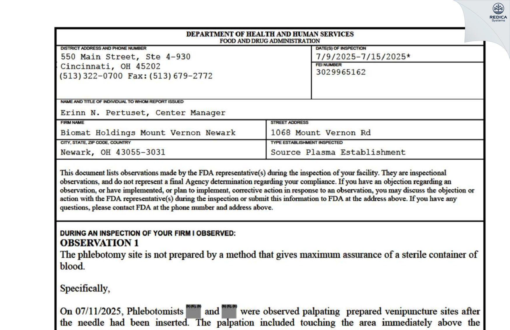 FDA 483 - BioTek America, LLC [Newark / United States of America] - Download PDF - Redica Systems
