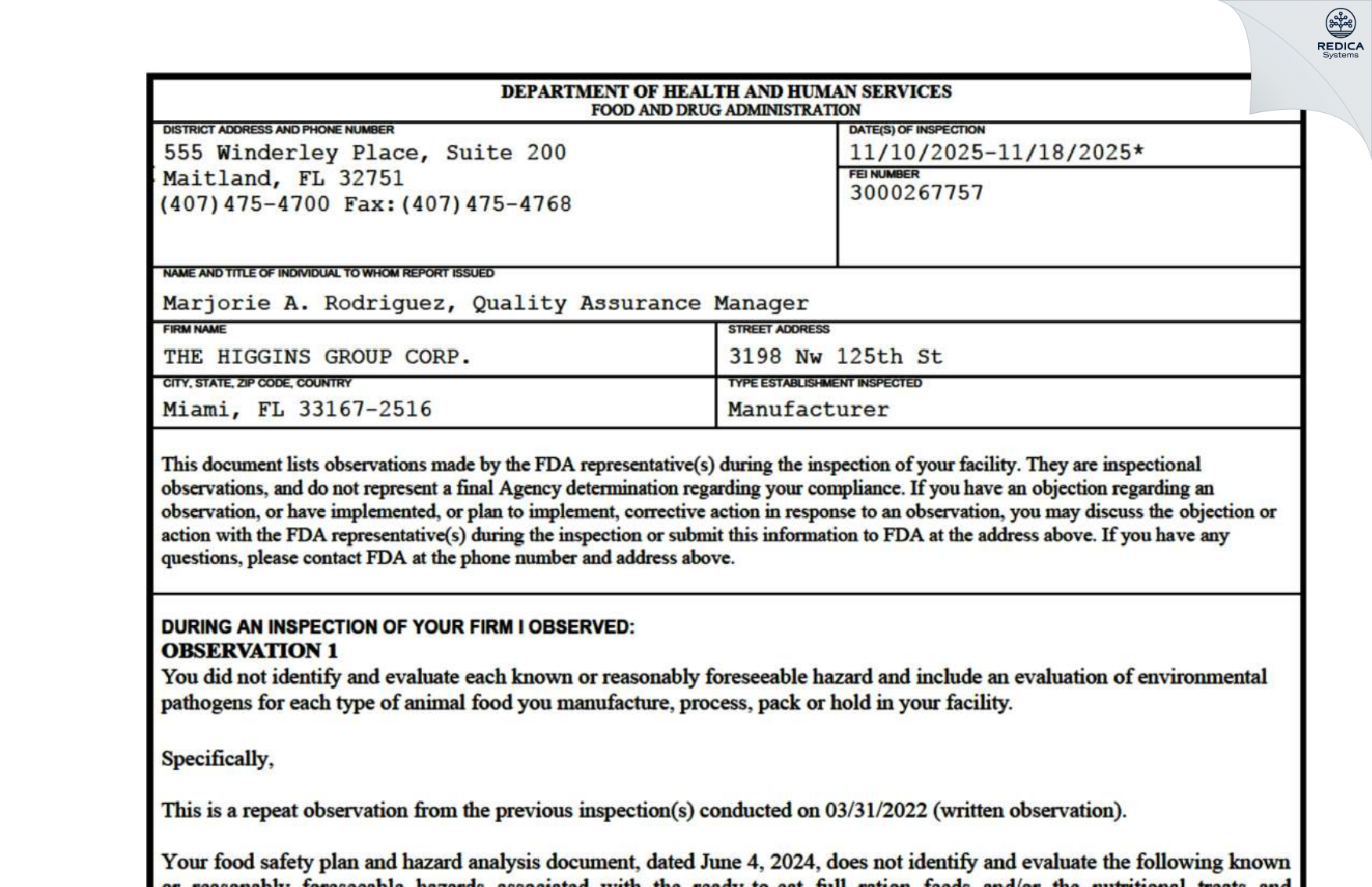FDA 483 - Higgins Group Corp. [Miami / United States of America] - Download PDF - Redica Systems