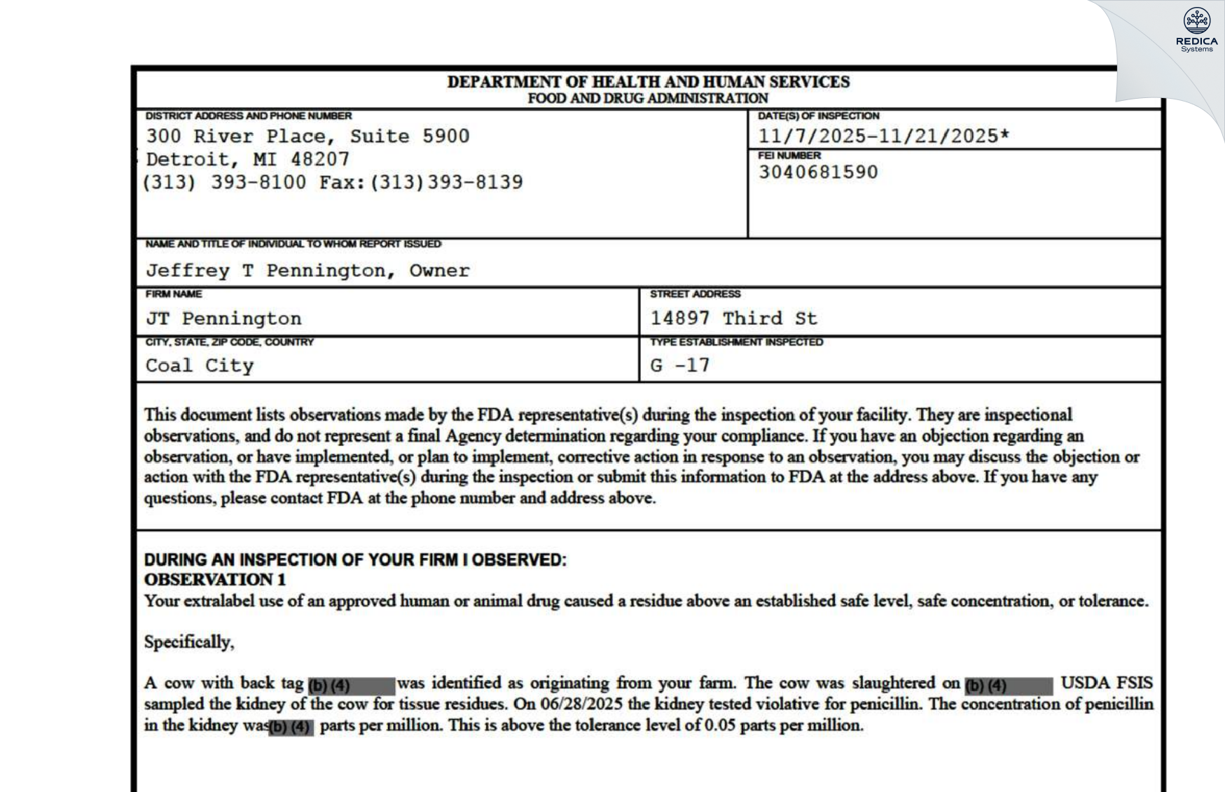 FDA 483 - JT Pennington [Coal City / United States of America] - Download PDF - Redica Systems