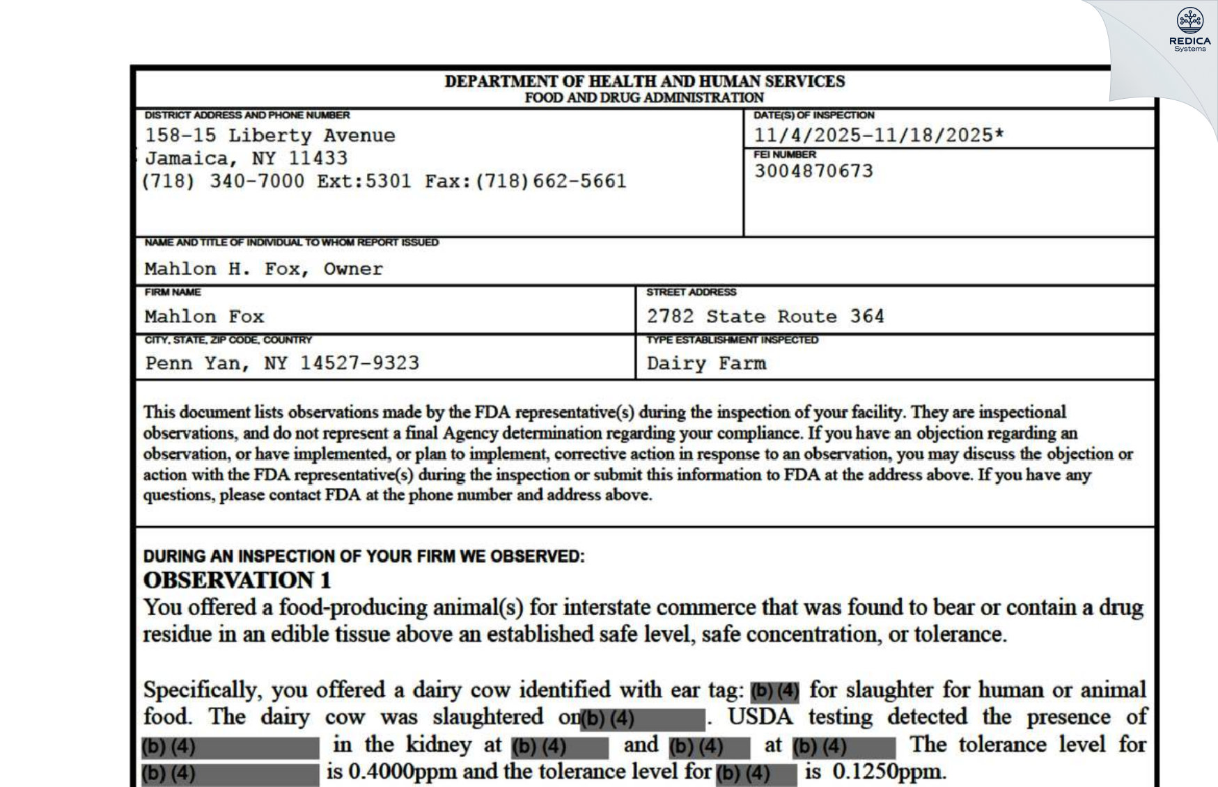 FDA 483 - Mahlon Fox [Penn Yan / United States of America] - Download PDF - Redica Systems