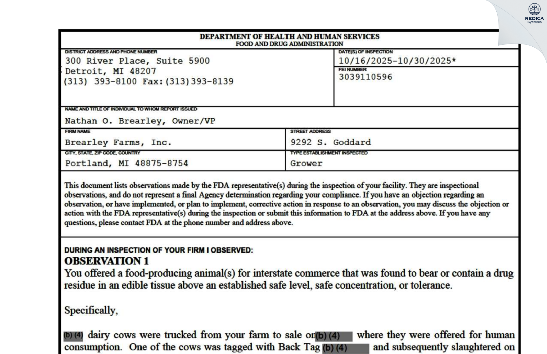 FDA 483 - Brearley Farms, Inc. [Portland / United States of America] - Download PDF - Redica Systems