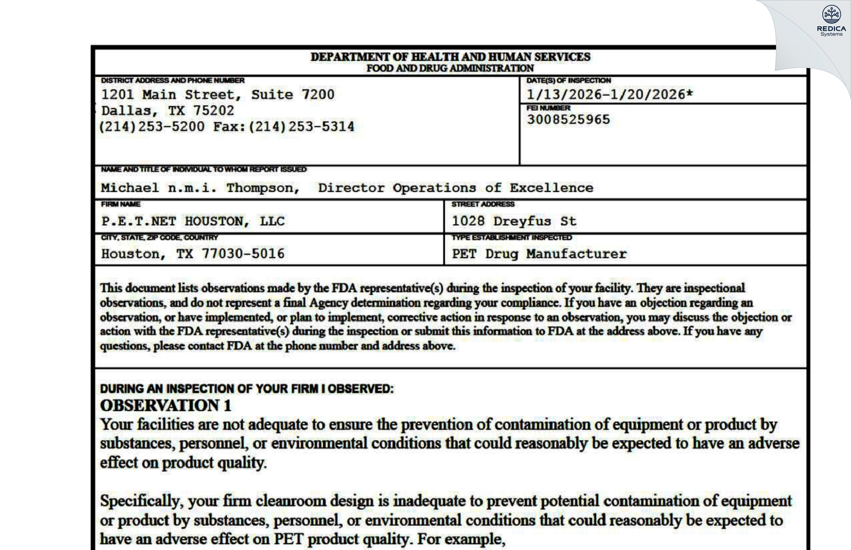 FDA 483 - P.E.T.NET HOUSTON, LLC [Houston / United States of America] - Download PDF - Redica Systems