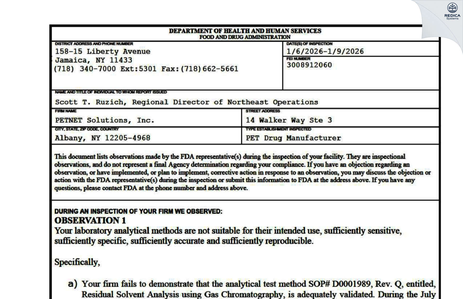 FDA 483 - PETNET SOLUTIONS, INC. [Albany / United States of America] - Download PDF - Redica Systems