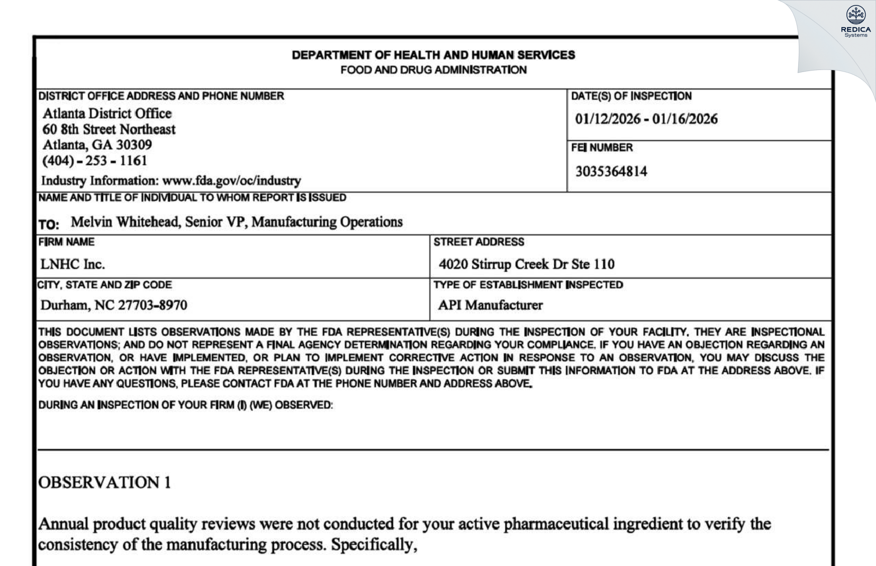 FDA 483 - LNHC Inc. [Durham / United States of America] - Download PDF - Redica Systems