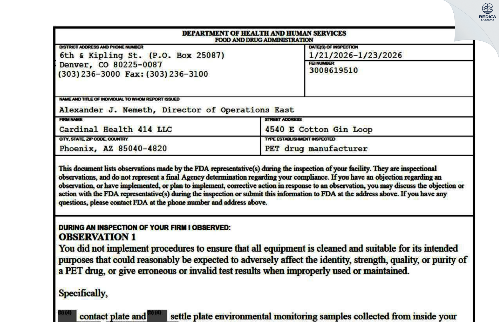 FDA 483 - Cardinal Health 414, LLC [Phoenix / United States of America] - Download PDF - Redica Systems