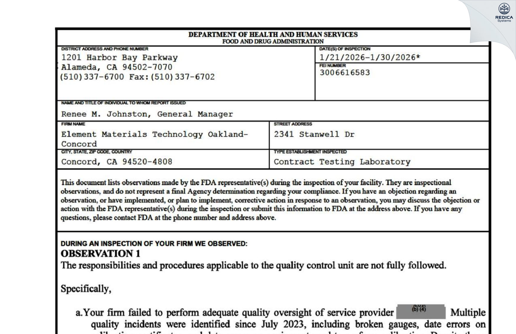 FDA 483 - Element Materials Technology Oakland - Concord Inc. [Concord / United States of America] - Download PDF - Redica Systems