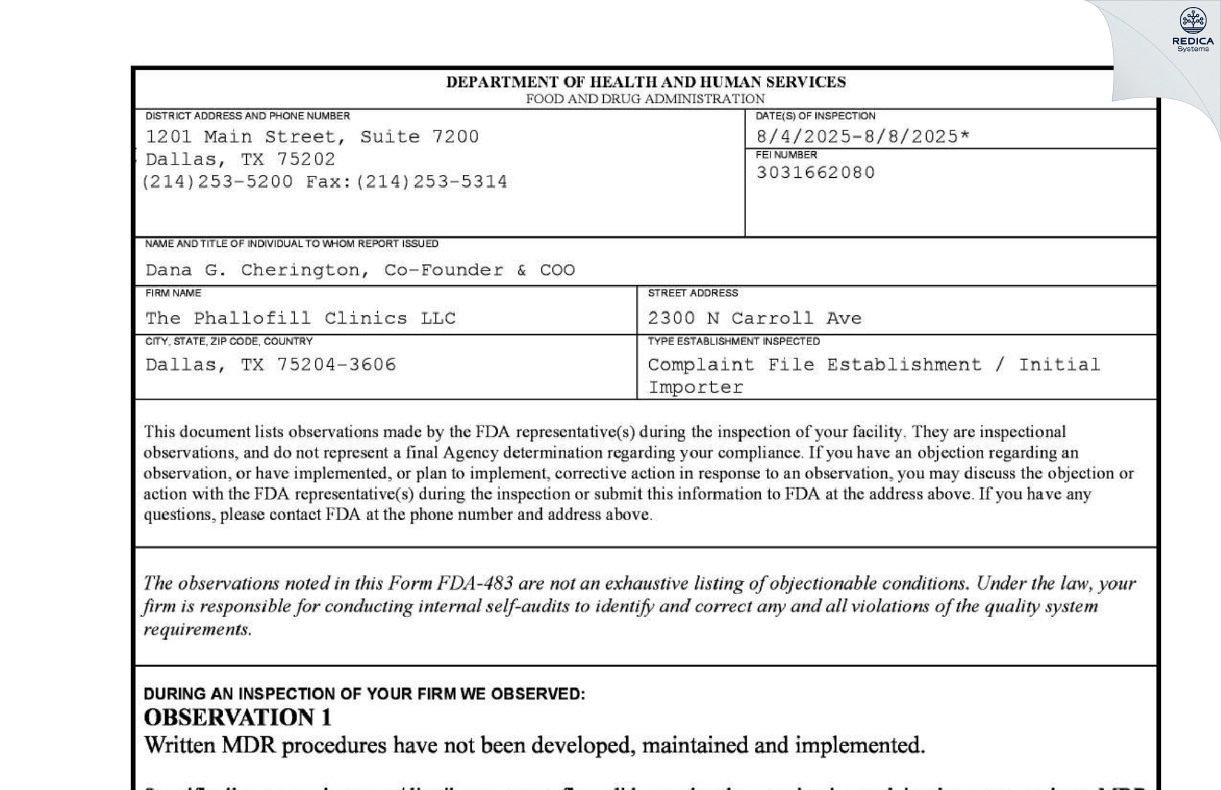 FDA 483 - THE PHALLOFILL CLINICS LLC [Dallas / United States of America] - Download PDF - Redica Systems