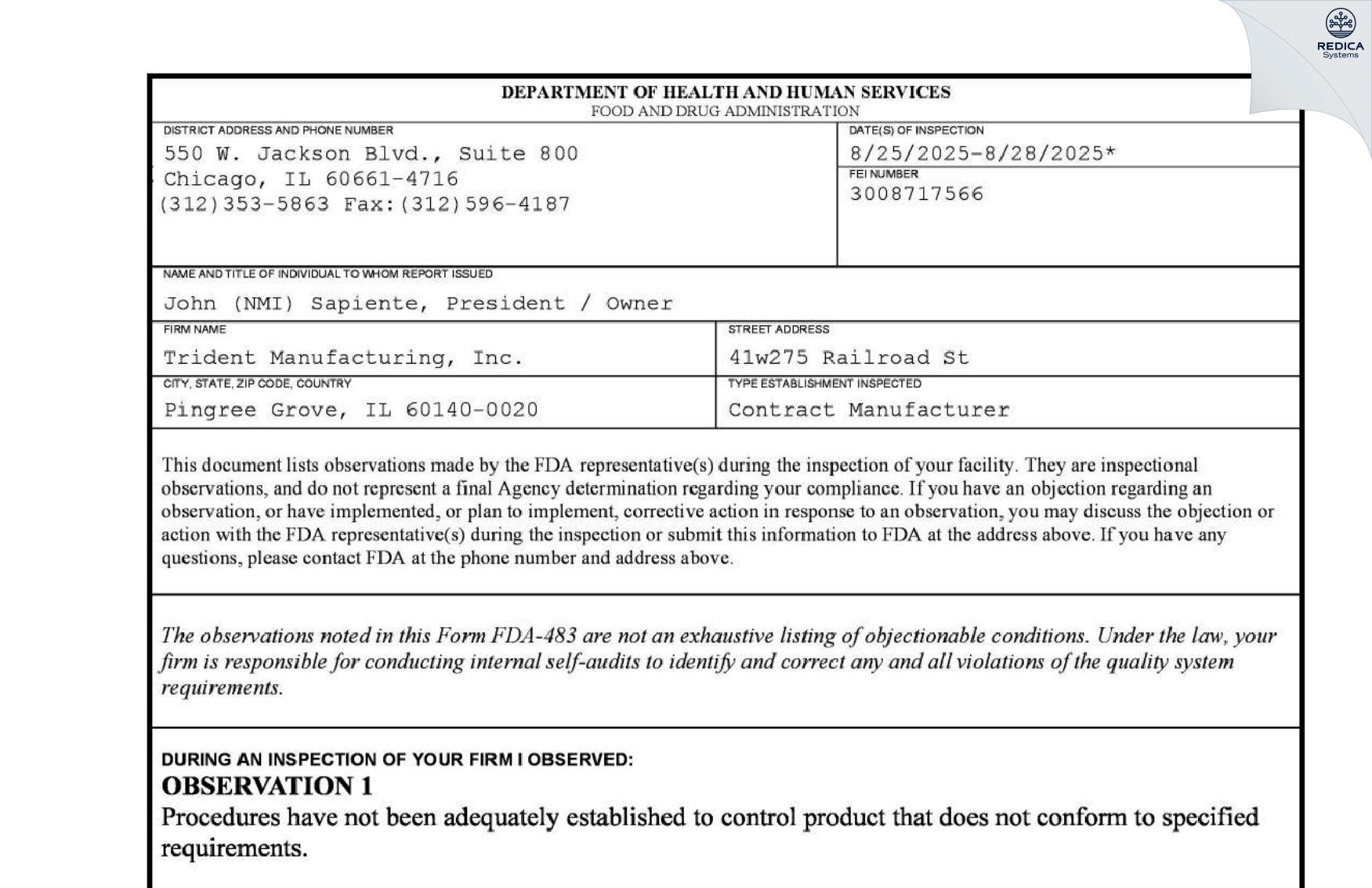 FDA 483 - TRIDENT MANUFACTURING, INC. [Hampshire / United States of America] - Download PDF - Redica Systems