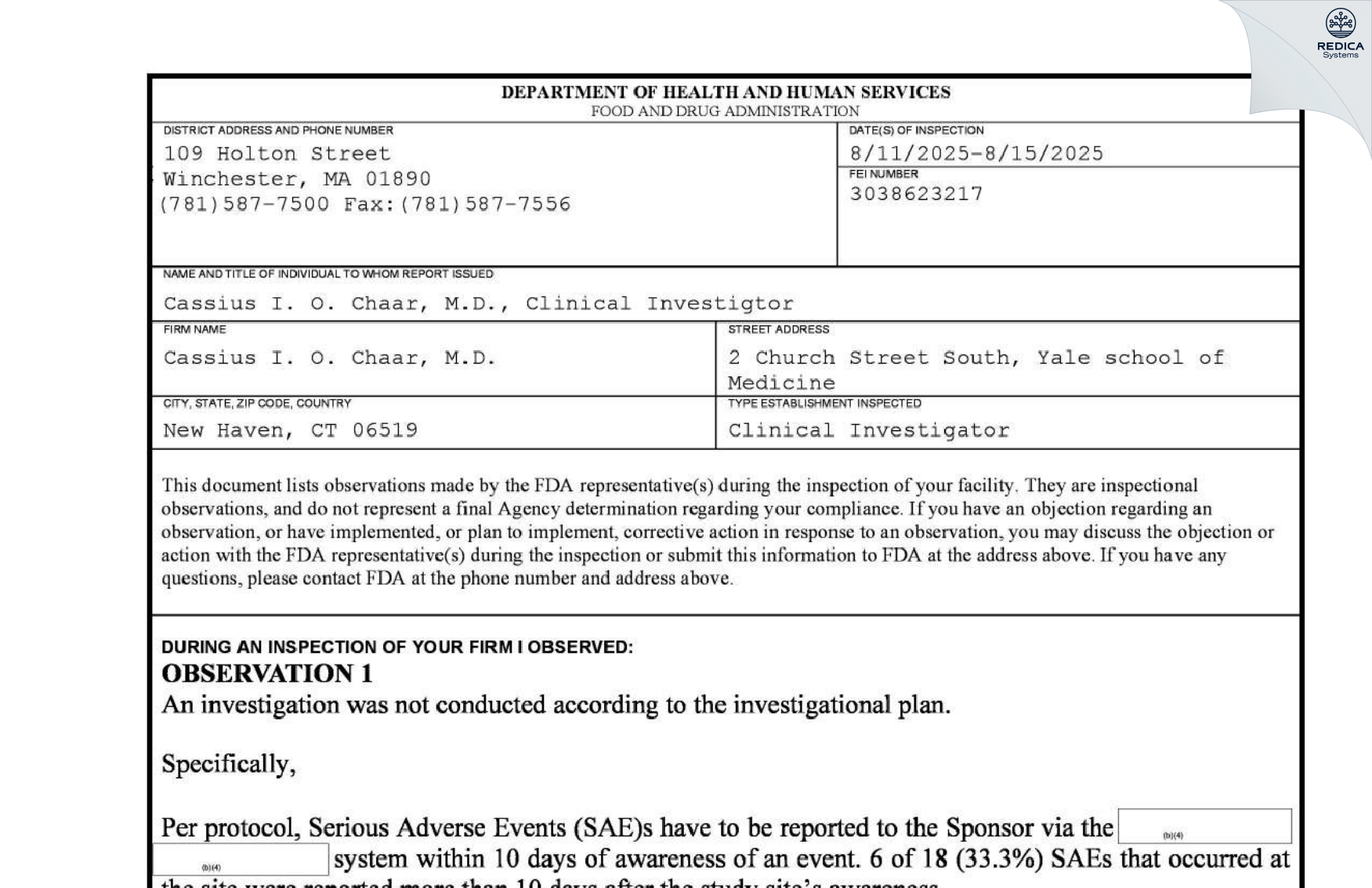 FDA 483 - Cassius I. O. Chaar, M.D. [New Haven / United States of America] - Download PDF - Redica Systems