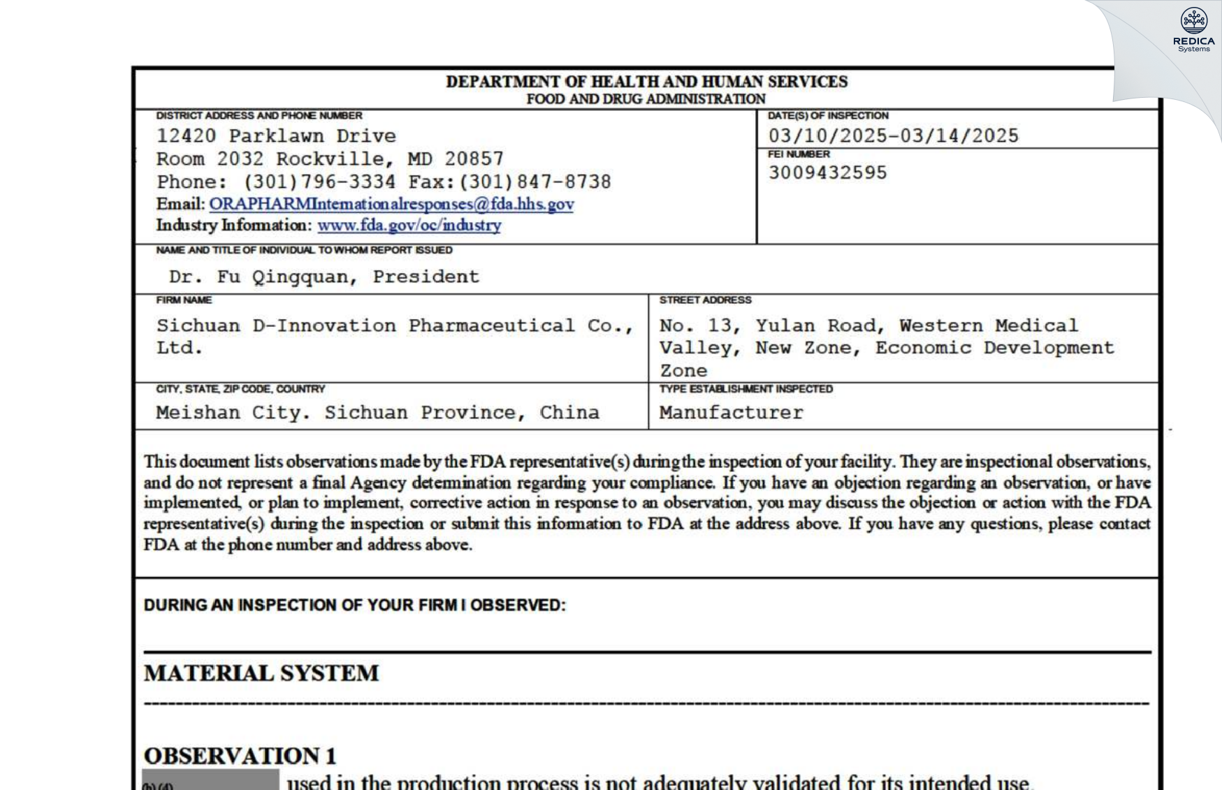 FDA 483 - Sichuan D-Innovation Pharmaceutical Co., Ltd. [Meishan / China] - Download PDF - Redica Systems