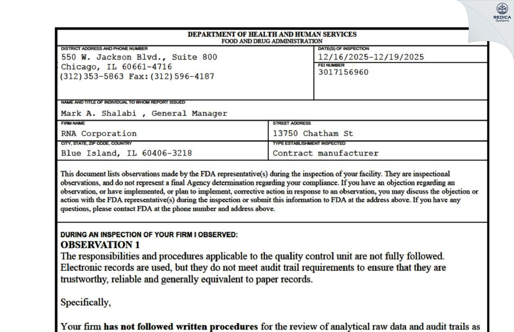 FDA 483 - RNA PHARMA, LLC [Blue Island / United States of America] - Download PDF - Redica Systems