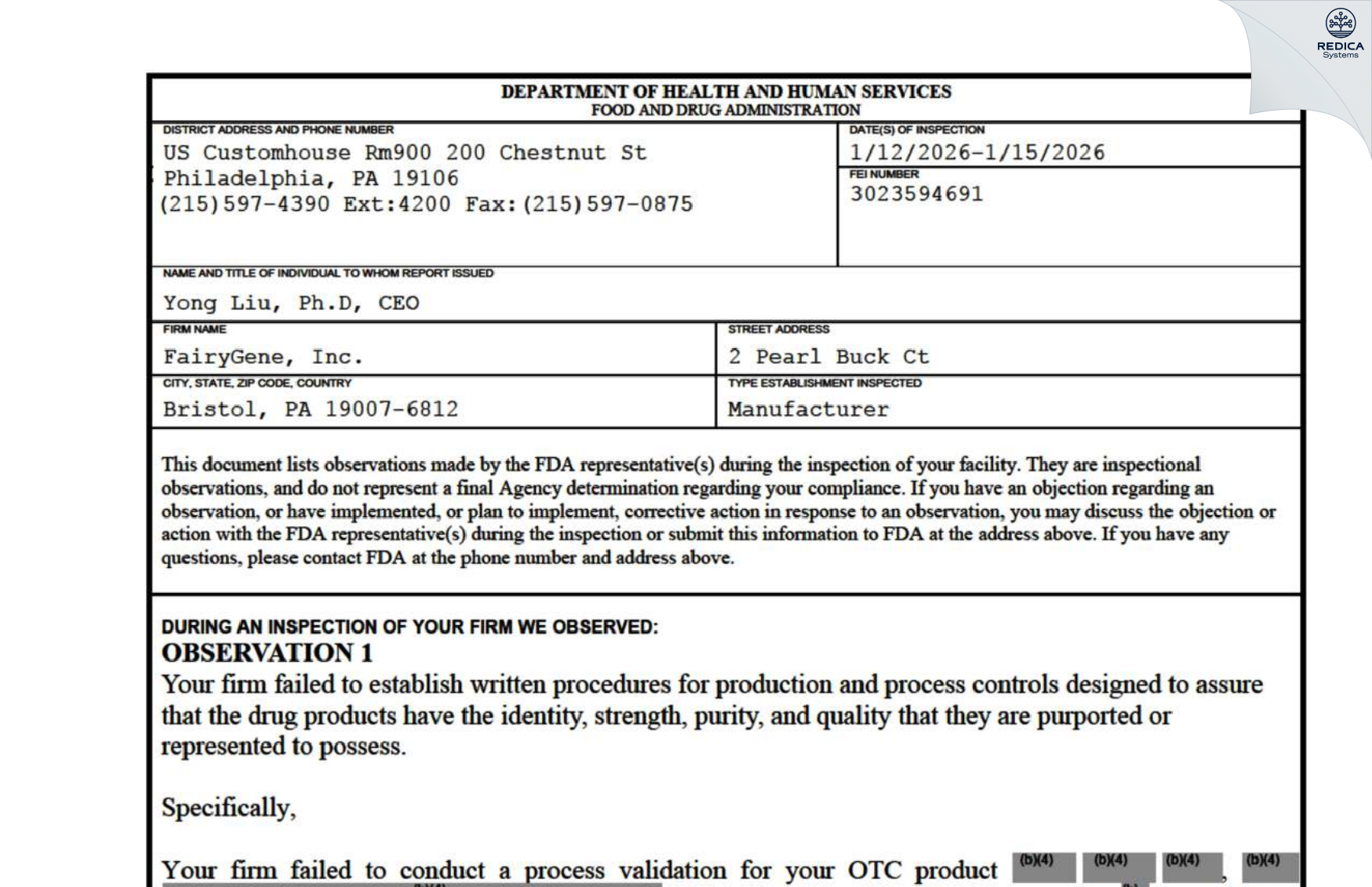 FDA 483 - FairyGene Inc [Bristol / United States of America] - Download PDF - Redica Systems