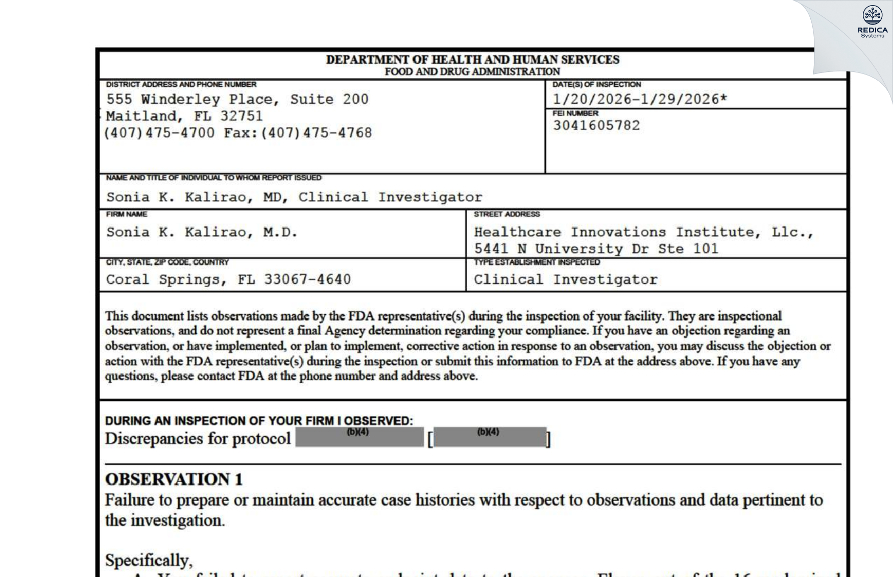 FDA 483 - Sonia K. Kalirao, M.D. [Coral Springs / United States of America] - Download PDF - Redica Systems