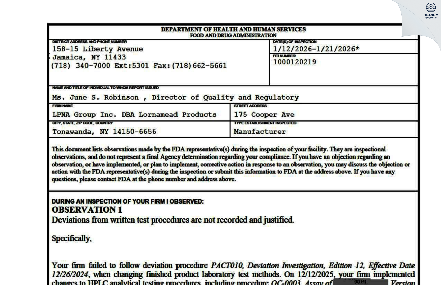 FDA 483 - Lornamead [Tonawanda / United States of America] - Download PDF - Redica Systems
