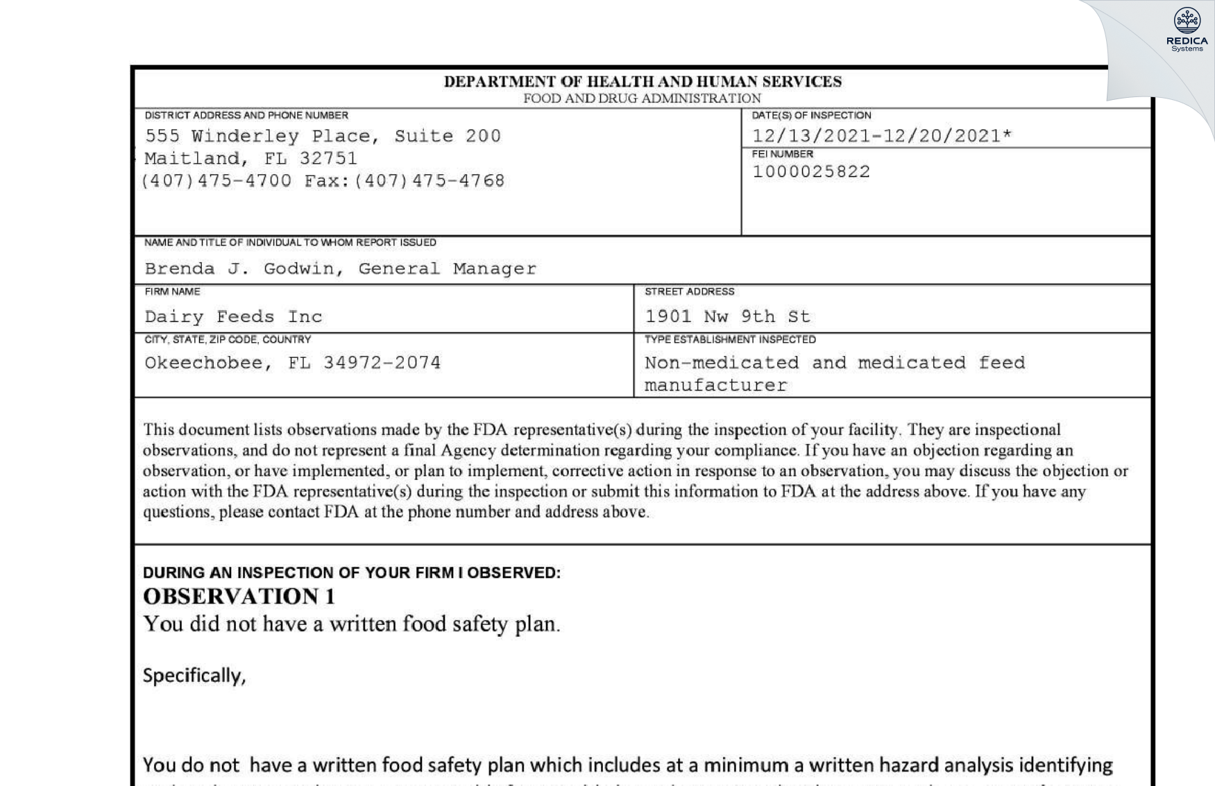 FDA 483 - Dairy Feeds Inc [Okeechobee / United States of America] - Download PDF - Redica Systems