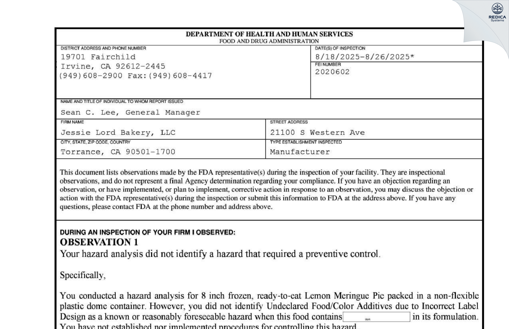 FDA 483 - Jessie Lord Bakery, LLC [Torrance / United States of America] - Download PDF - Redica Systems
