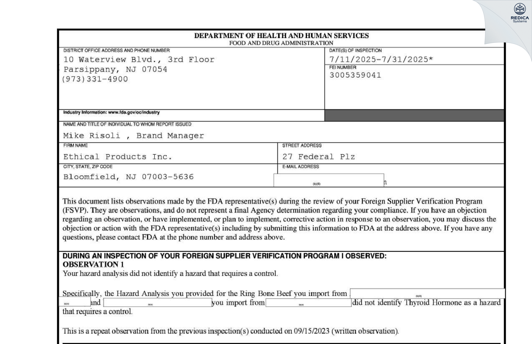 FDA 483 - Ethical Products Inc. [Bloomfield / United States of America] - Download PDF - Redica Systems