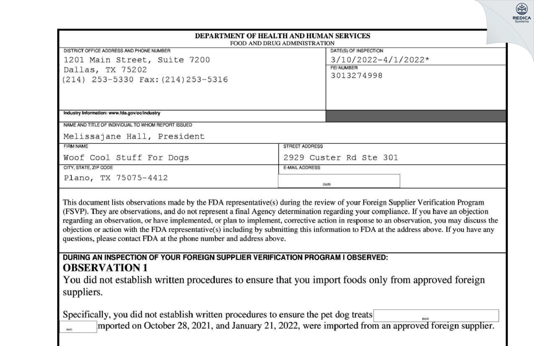 FDA 483 - Woof Cool Stuff For Dogs [Plano / United States of America] - Download PDF - Redica Systems