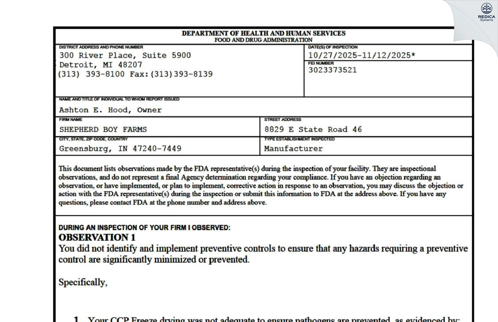 FDA 483 - SHEPHERD BOY FARMS [Greensburg / United States of America] - Download PDF - Redica Systems