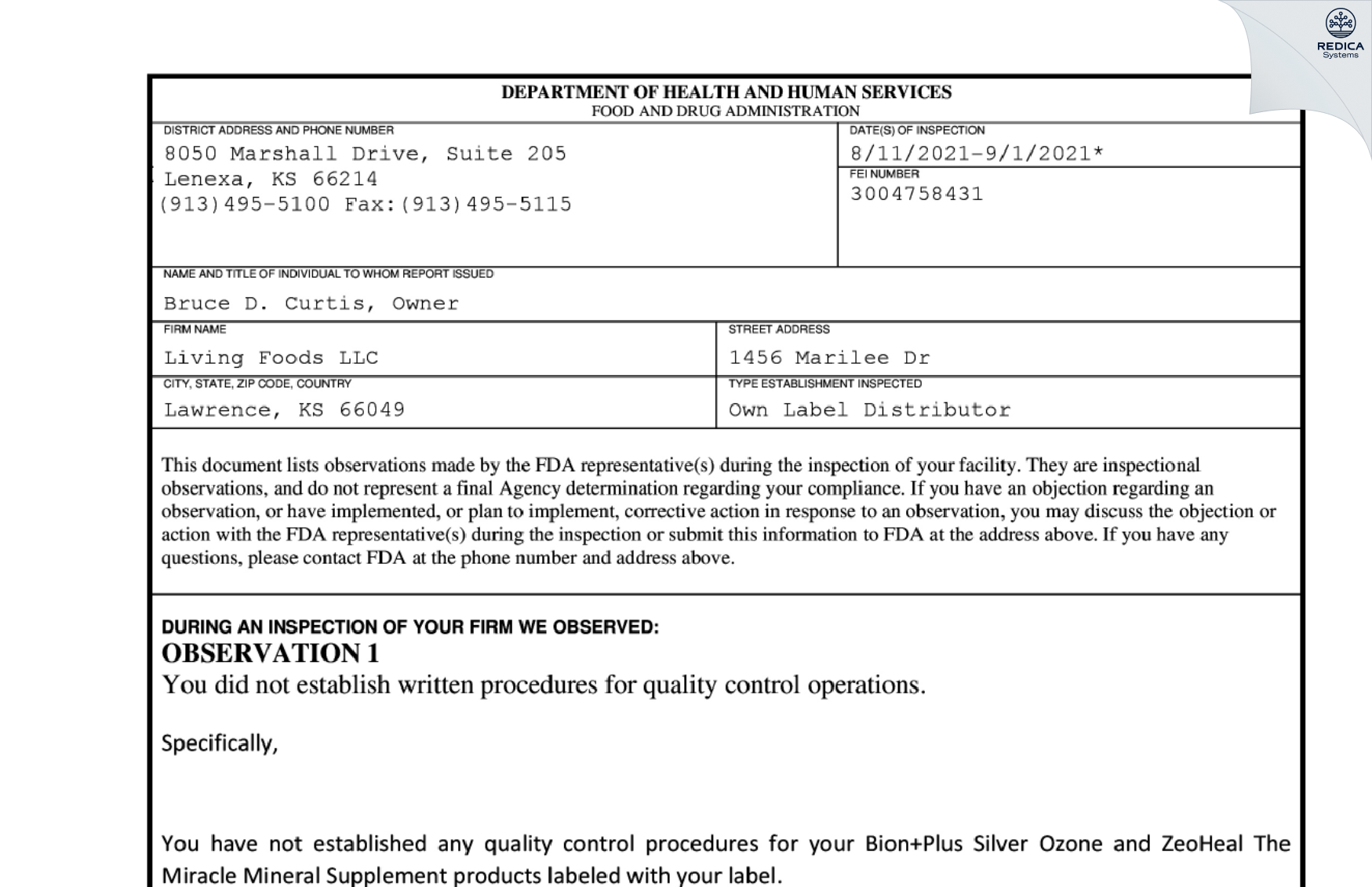FDA 483 - Living Foods LLC [Lawrence / United States of America] - Download PDF - Redica Systems