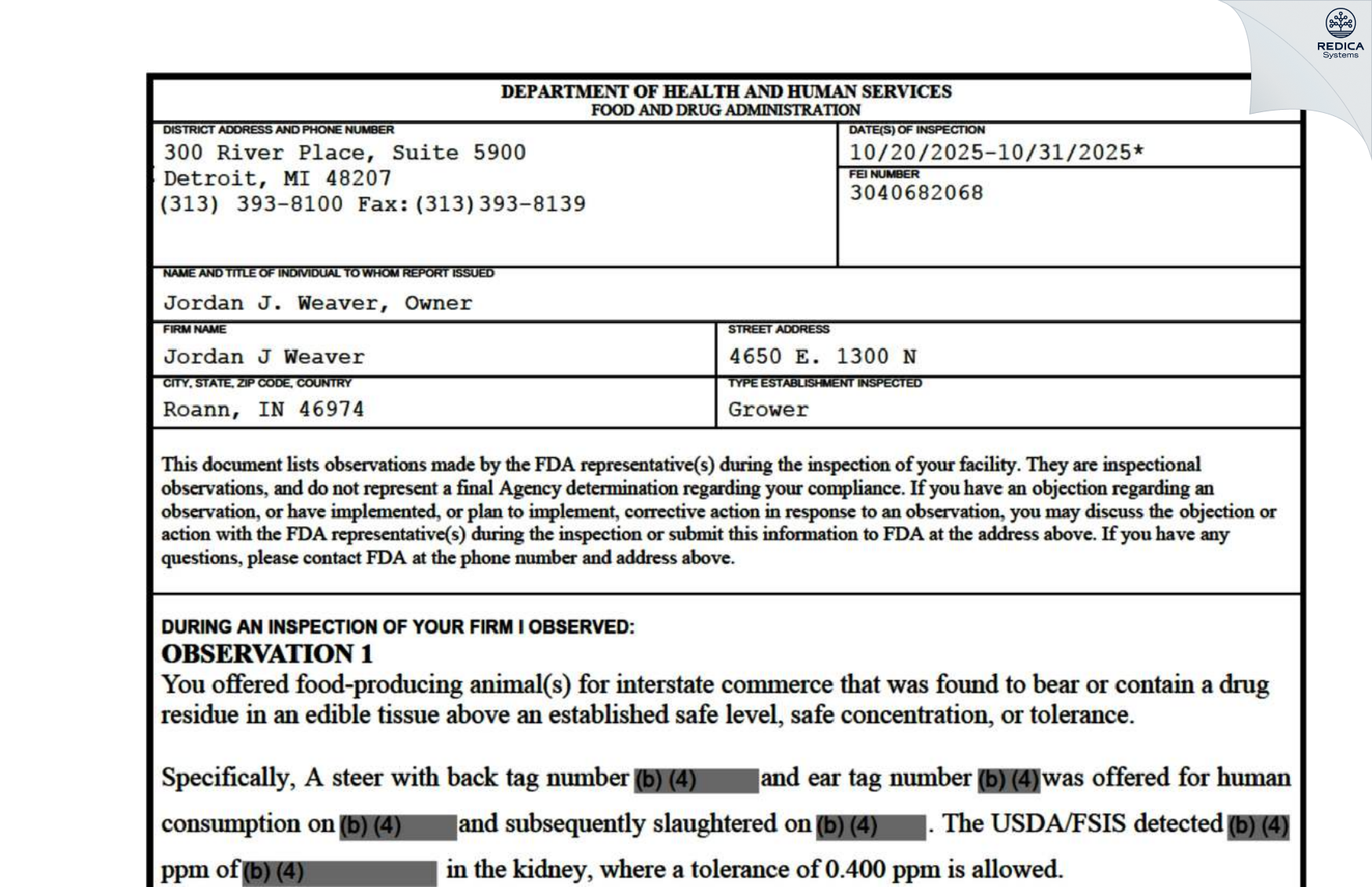 FDA 483 - Jordan J Weaver [Roann / United States of America] - Download PDF - Redica Systems