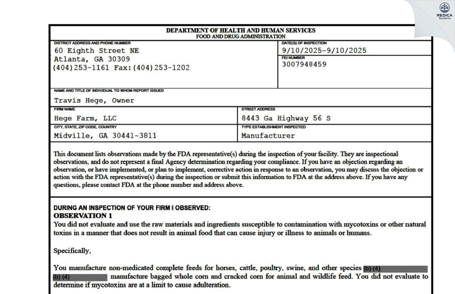FDA 483 - Hege Farm, LLC [Midville / United States of America] - Download PDF - Redica Systems