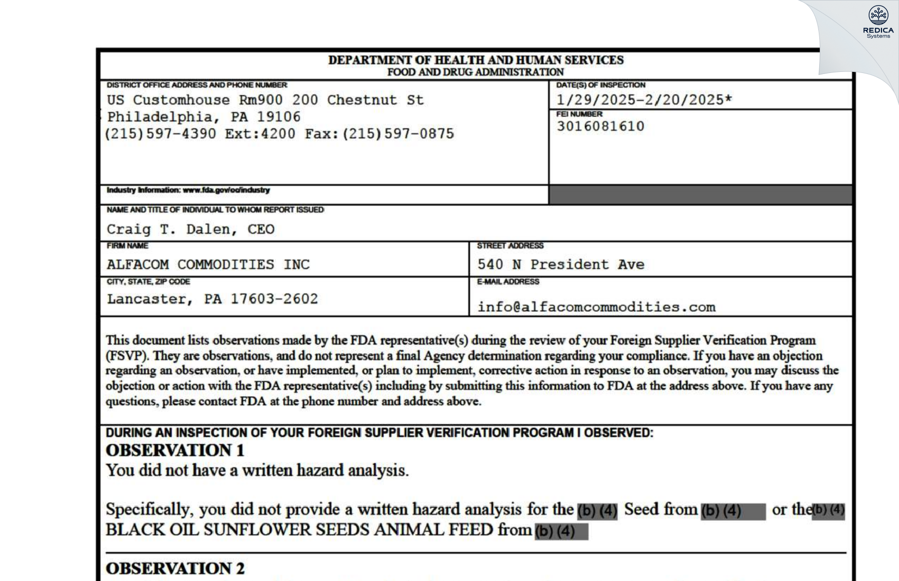 FDA 483 - ALFACOM COMMODITIES INC [Lancaster / United States of America] - Download PDF - Redica Systems