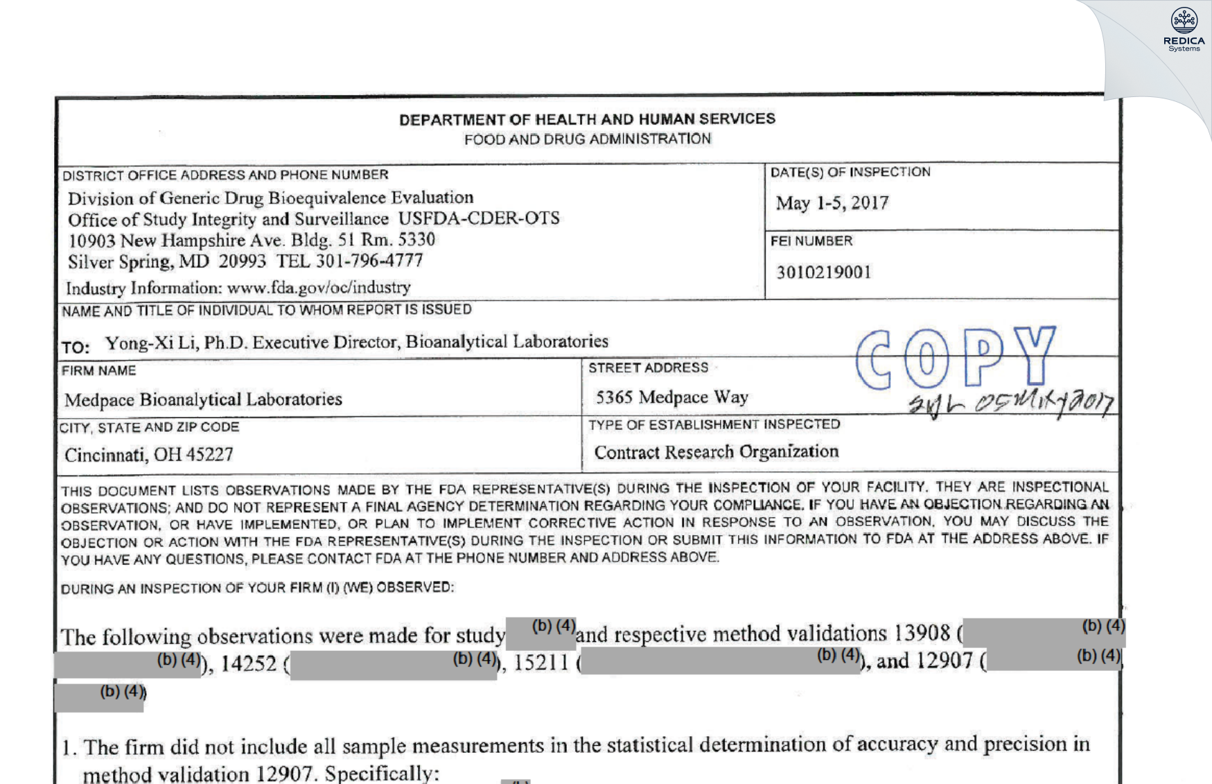 FDA 483 - Medpace Bioanalytical Laboratories [Cincinnati / United States of America] - Download PDF - Redica Systems