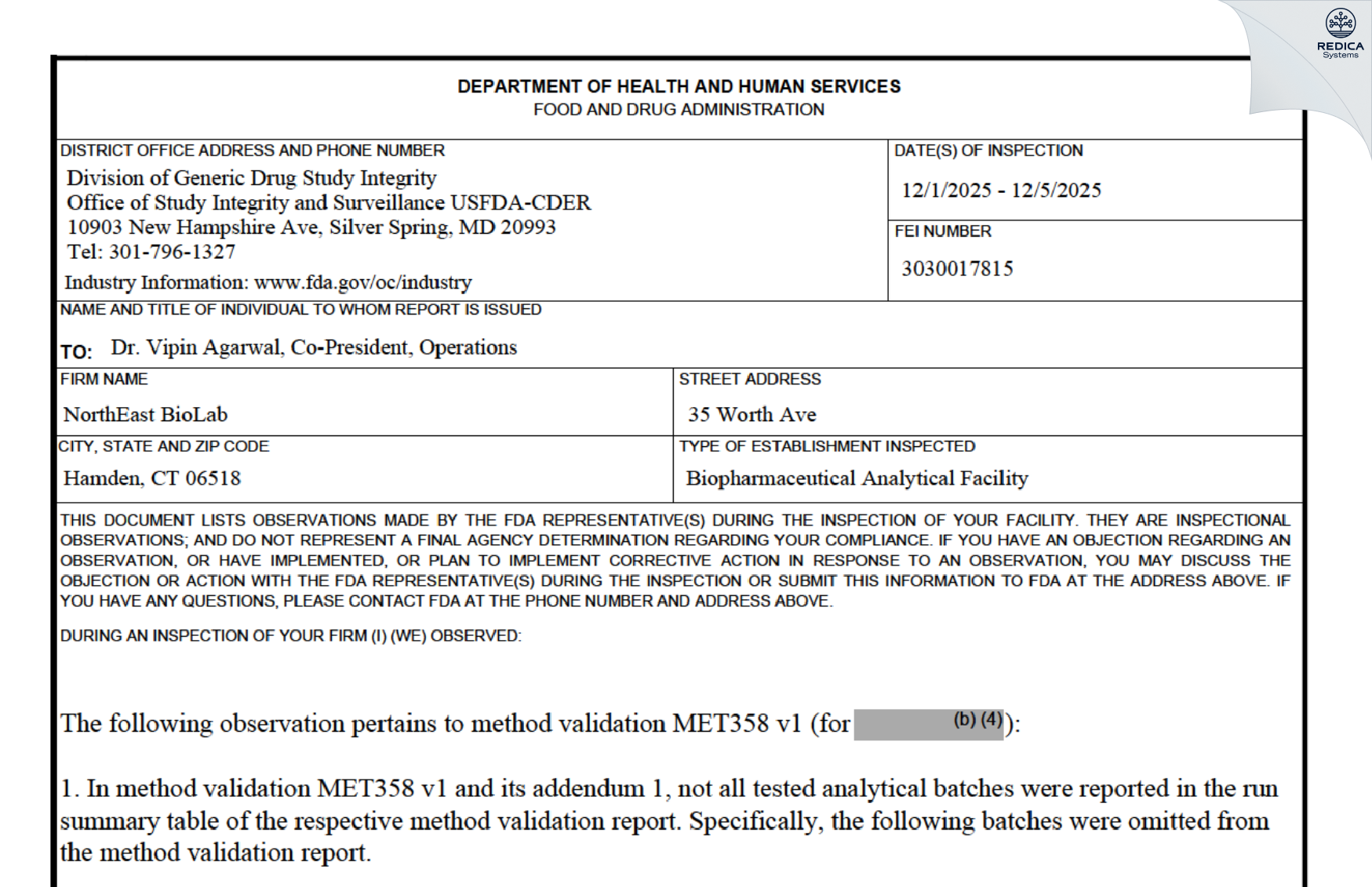 FDA 483 - NORTHEAST BIOLAB [Hamden / United States of America] - Download PDF - Redica Systems