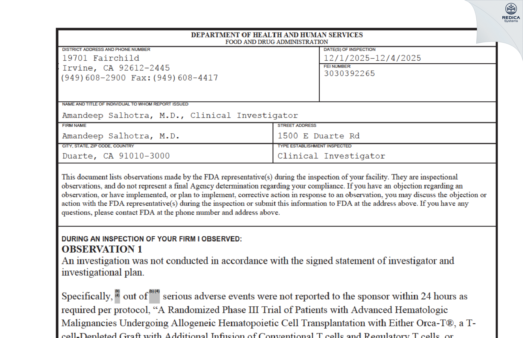 FDA 483 - Amandeep Salhotra, M.D. [Duarte / United States of America] - Download PDF - Redica Systems