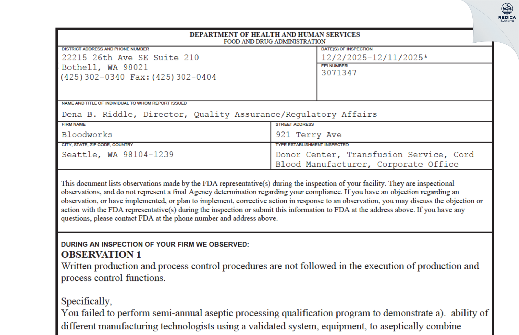 FDA 483 - Bloodworks [Seattle / United States of America] - Download PDF - Redica Systems