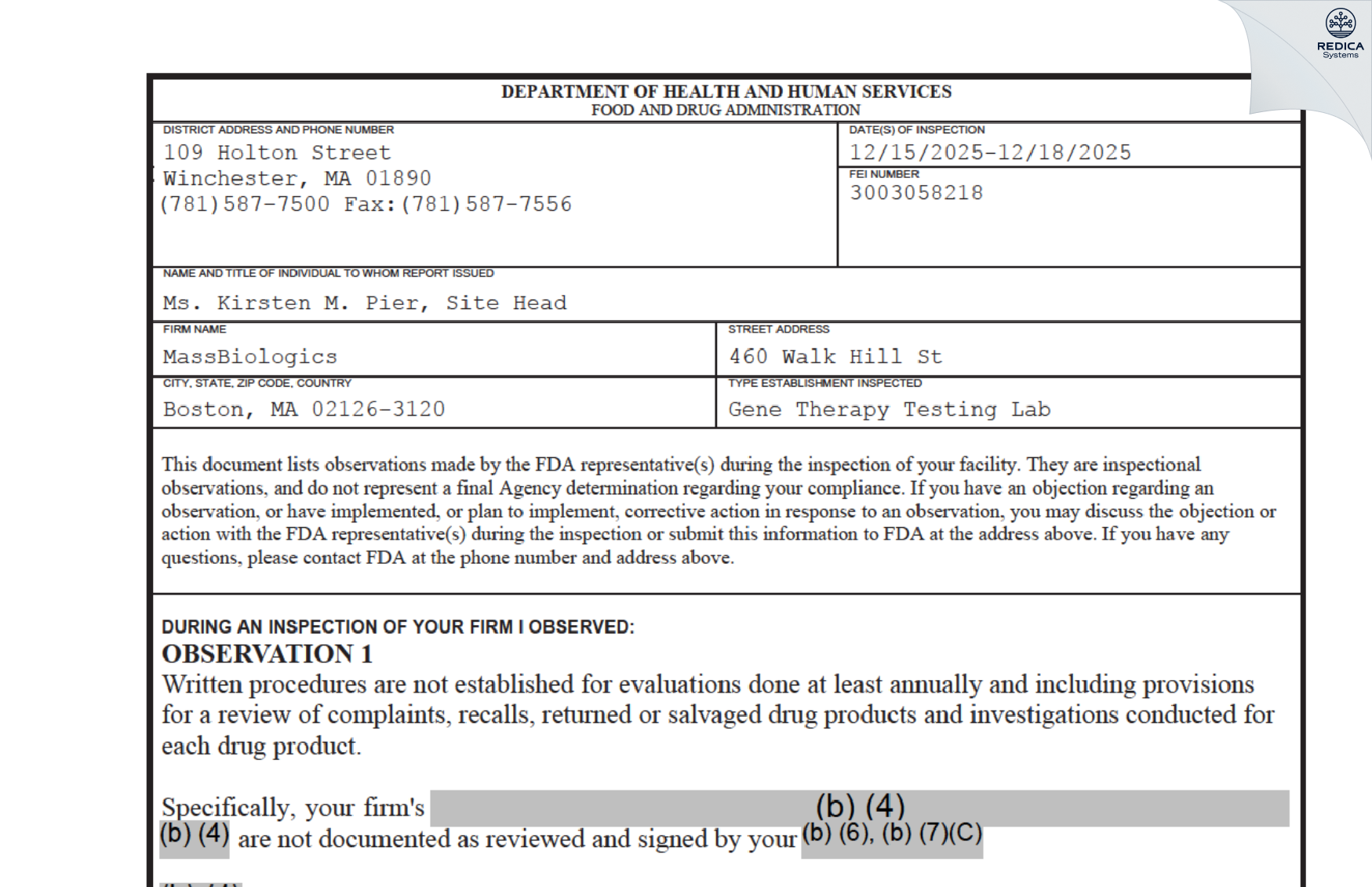 FDA 483 - MassBiologics [Mattapan / United States of America] - Download PDF - Redica Systems