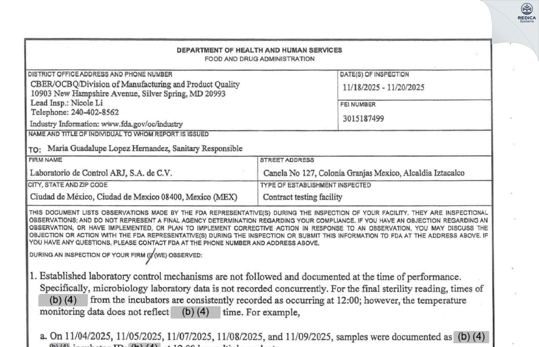 FDA 483 - Laboratorio de Control ARJ, S.A. de C.V. [Granjas México / Mexico] - Download PDF - Redica Systems