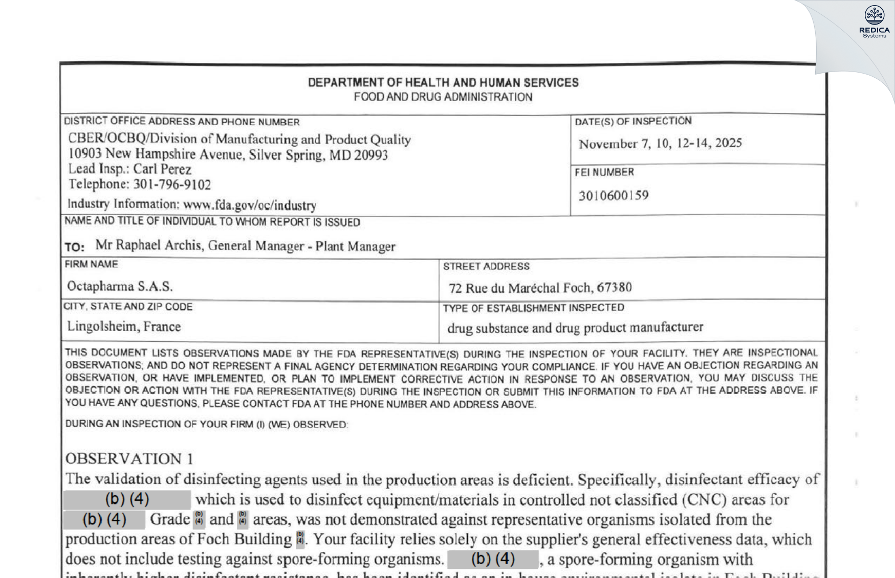 FDA 483 - Octapharma S.A.S. [Lingolsheim / France] - Download PDF - Redica Systems