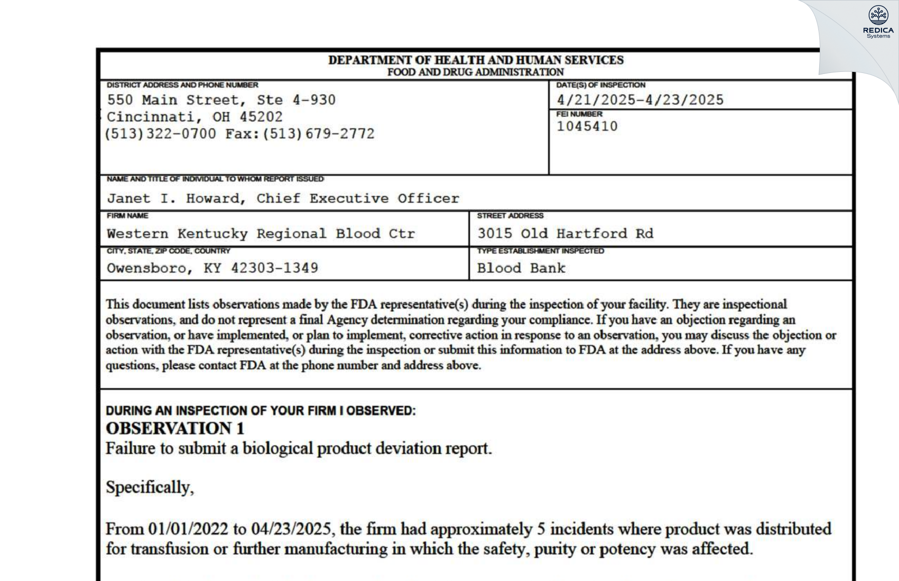FDA 483 - Western Kentucky Regional Blood Ctr [Owensboro / United States of America] - Download PDF - Redica Systems