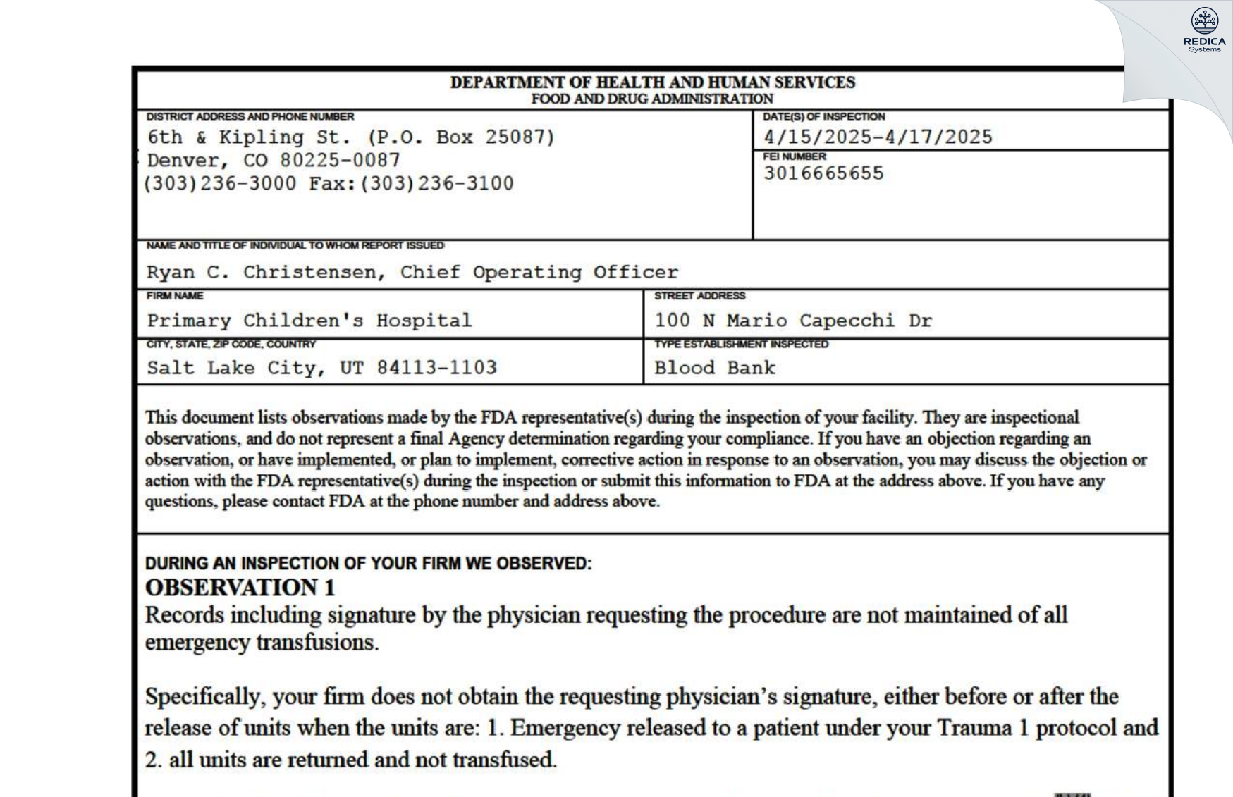 FDA 483 - Primary Children's Hospital [Salt Lake City / United States of America] - Download PDF - Redica Systems