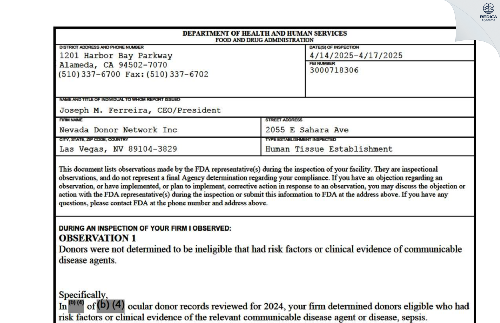FDA 483 - Nevada Donor Network Inc [Las Vegas / United States of America] - Download PDF - Redica Systems