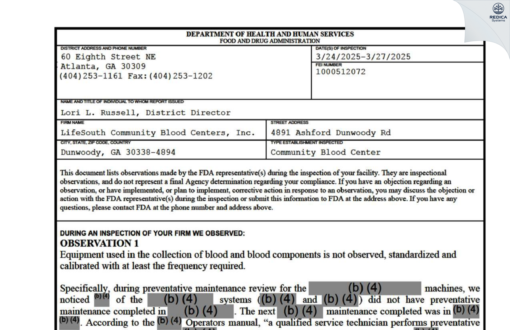 FDA 483 - LifeSouth Community Blood Centers, Inc. [Atlanta / United States of America] - Download PDF - Redica Systems