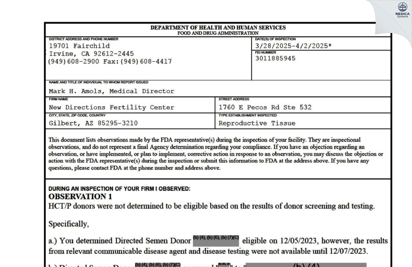 FDA 483 - New Directions Fertility Center [Gilbert / United States of America] - Download PDF - Redica Systems