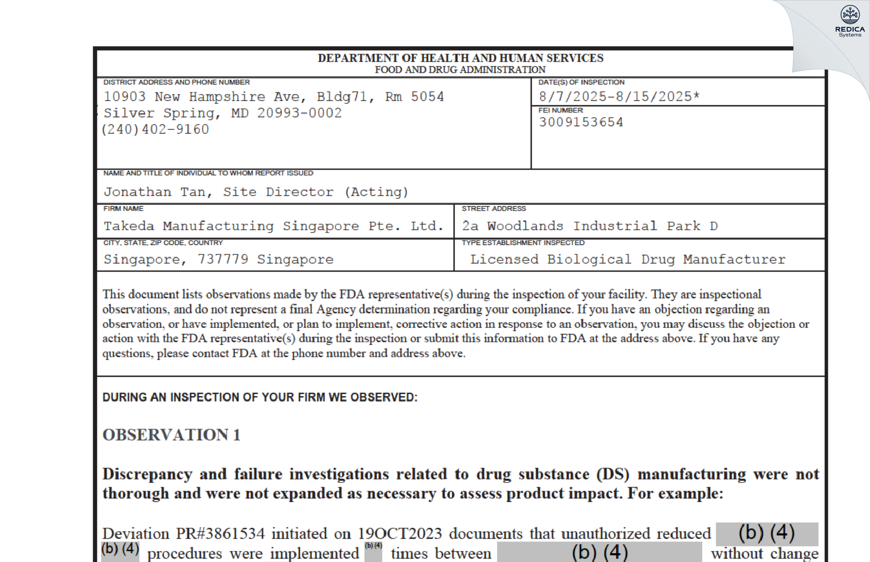 FDA 483 - Takeda Manufacturing Singapore Pte. Ltd. [Singapore / Singapore] - Download PDF - Redica Systems