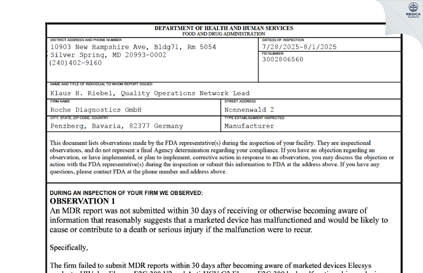 FDA 483 - Roche Diagnostics GmbH [Penzberg / Germany] - Download PDF - Redica Systems
