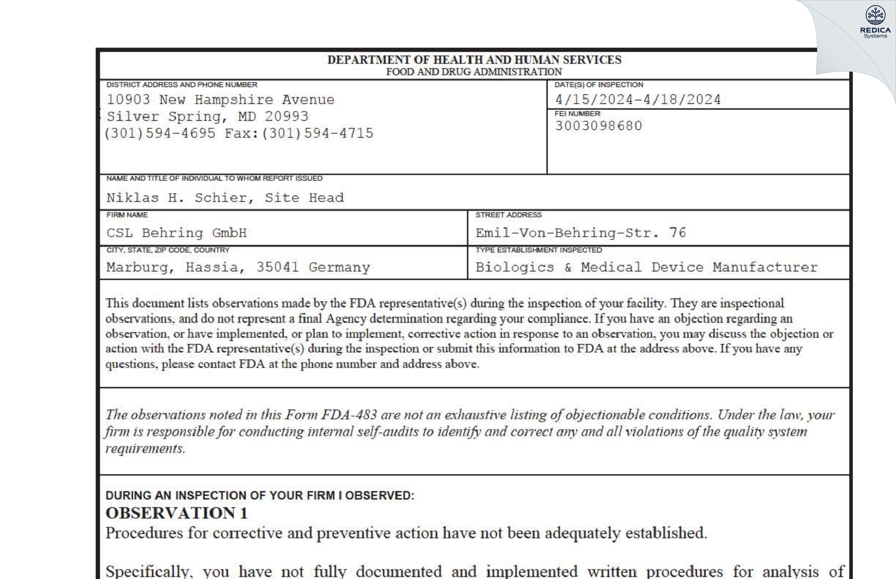 FDA 483 - CSL Behring GmbH [Marburg / Germany] - Download PDF - Redica Systems