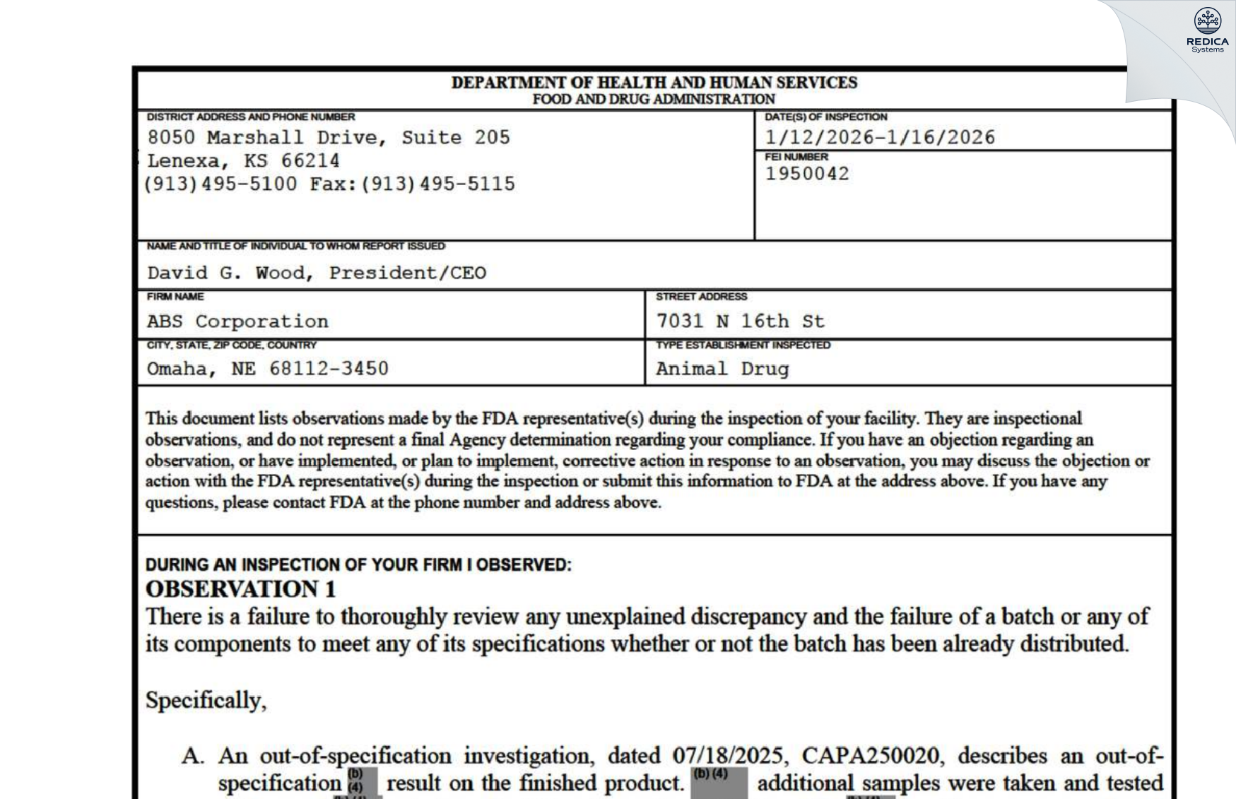 FDA 483 - ABS Corporation [Omaha / United States of America] - Download PDF - Redica Systems