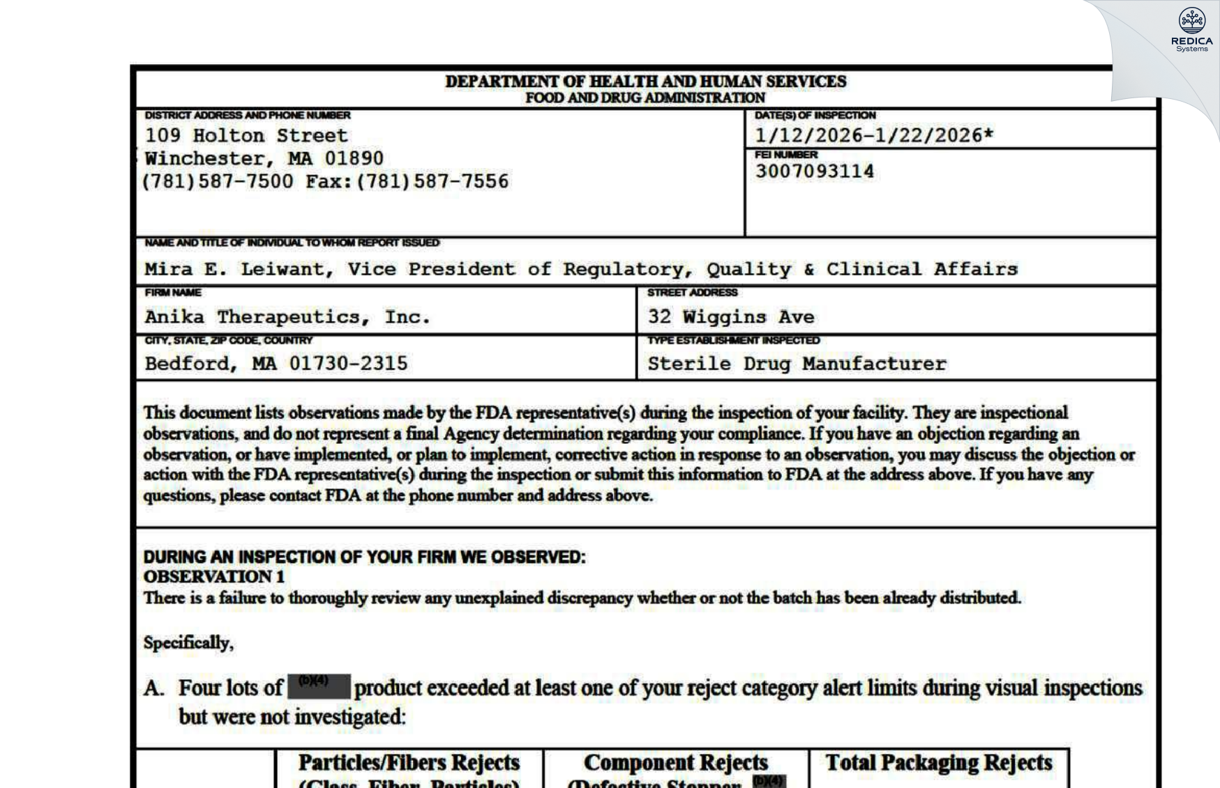 FDA 483 - Anika Therapeutics Inc [Bedford / United States of America] - Download PDF - Redica Systems