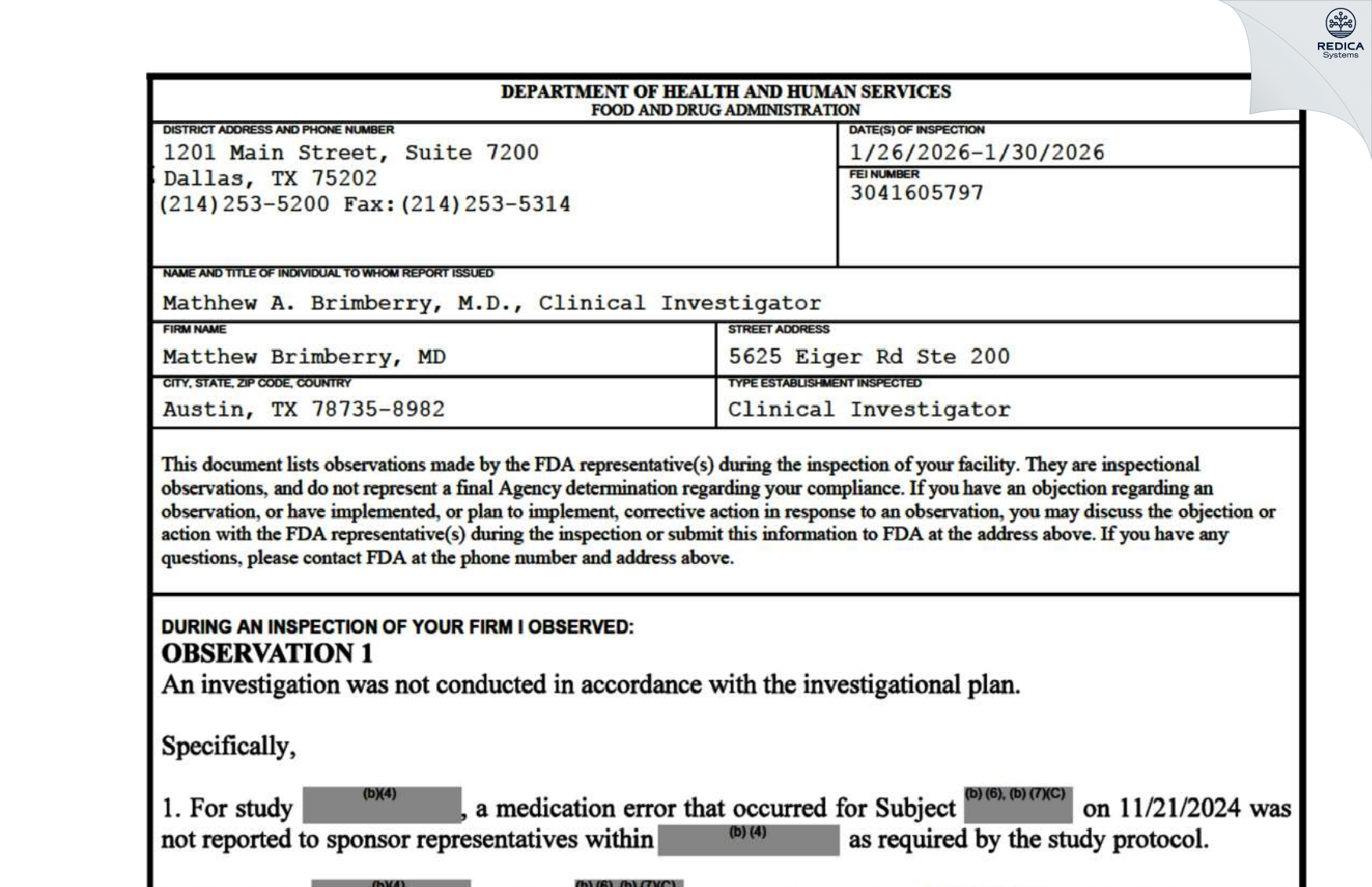 FDA 483 - Matthew Brimberry, MD [Austin / United States of America] - Download PDF - Redica Systems