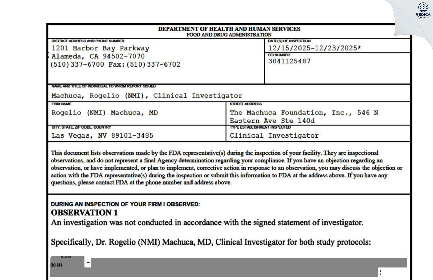 FDA 483 - Rogelio Machuca, MD [Las Vegas / United States of America] - Download PDF - Redica Systems