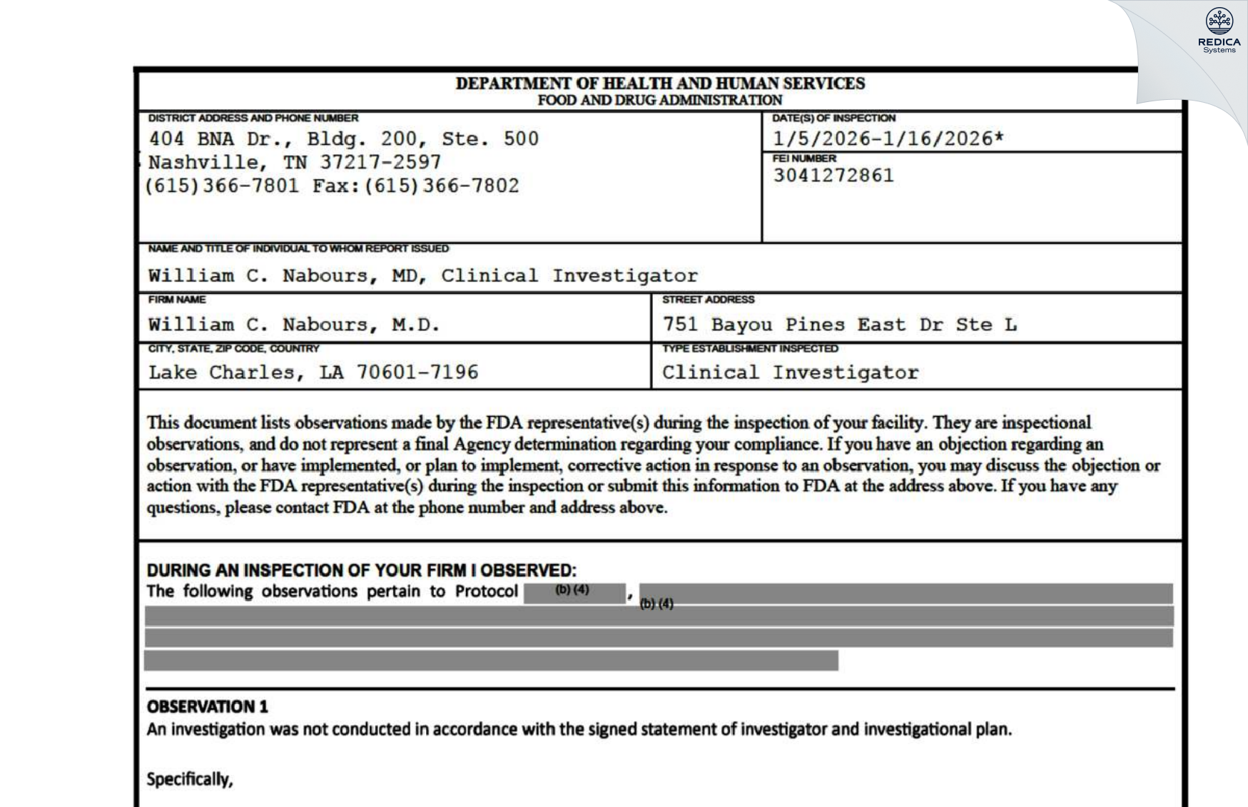FDA 483 - William C. Nabours, M.D. [Lake Charles / United States of America] - Download PDF - Redica Systems