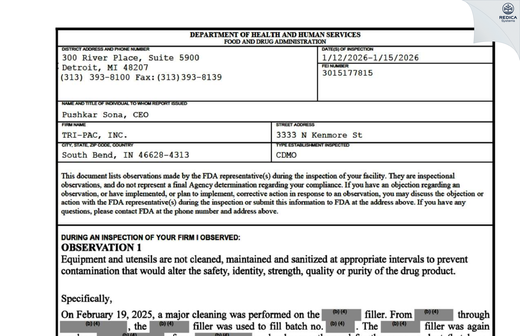 FDA 483 - TRI-PAC, INC. [South Bend / United States of America] - Download PDF - Redica Systems